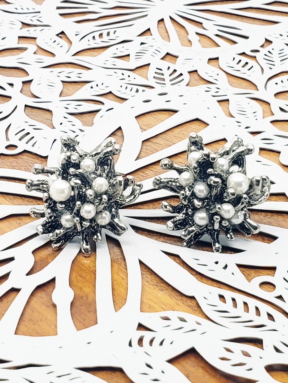 Silver Pearl Cluster Statement Earrings